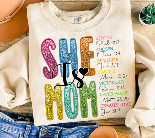 She Is Mom Faux Sequins Shirt or Sweatshirt - DTF
